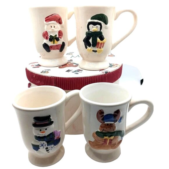 Festive Holiday Winter Mugs Set of 4 Cocoa Coffee Cider Christmas Get-Togethers - Picture 1 of 9